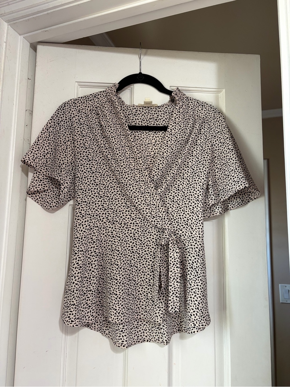 Monteau Beige and Black Dotted Wrap Blouse